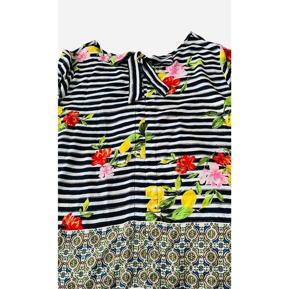 VALERIE STEVENS 3/4 BELL SLV PULL-OVER BLOUSE, WOMEN-2X-BLA/WHI STRIPED & FLORAL - Picture 2 of 10